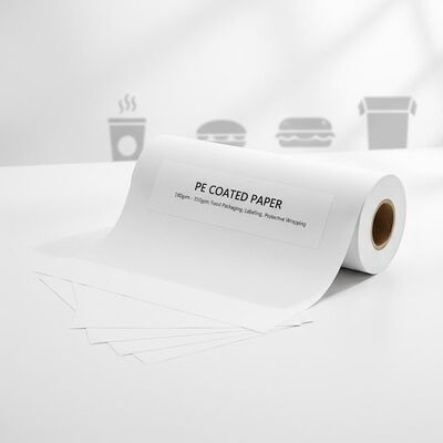 पॉलीथीन पीई कोटेड पेपर 180gsm 350gsm कोटिंग सामग्री पीई के साथ, खाद्य पैकेजिंग लेबलिंग और सुरक्षात्मक रैपिंग के लिए आदर्श